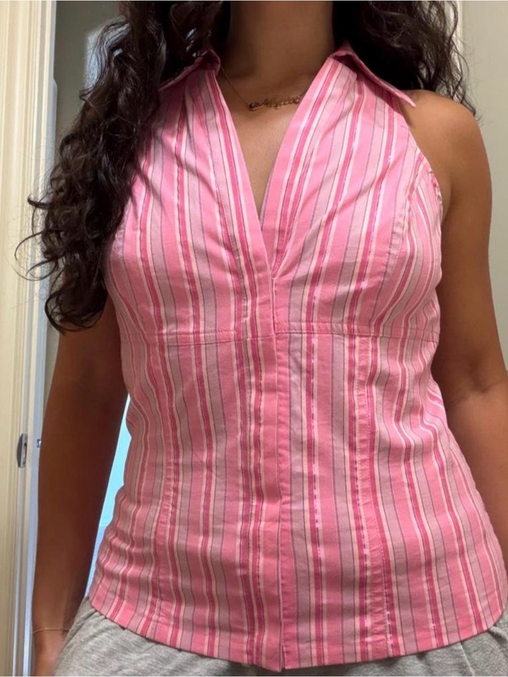 Cache Pink Striped Sleeveless Collared Camisole